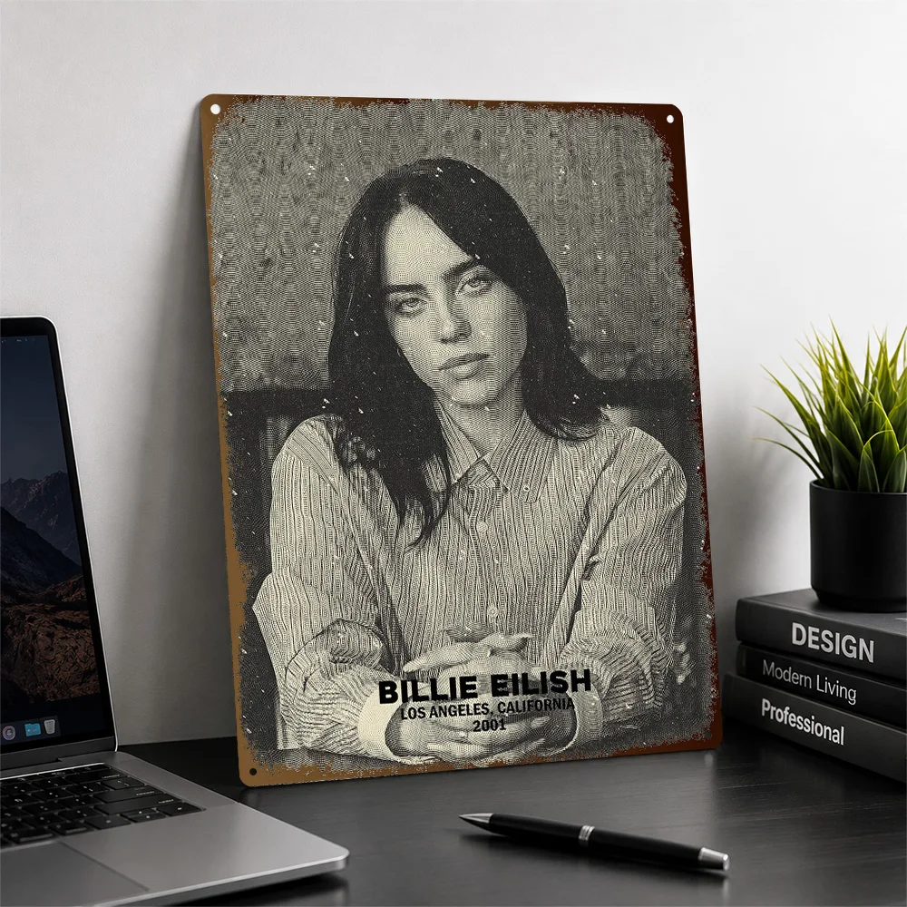 Billie Eilish Sepia Toned Portrait Textured Poster Customized Metal Tin Sign Bold Stage Persona Wall Art Made For Music Lovers