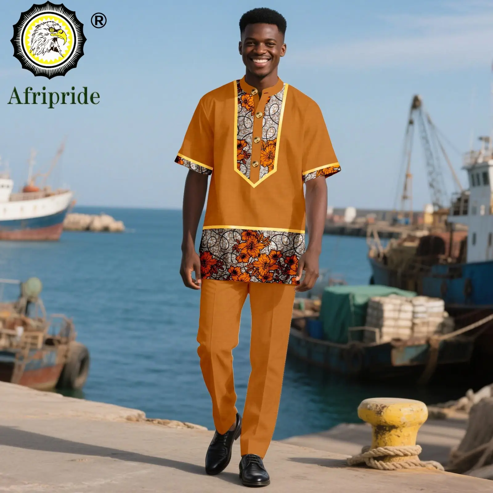 African Traditional Clothing for Men Half Sleeve Embroidery Print Single Breasted Shirts and Pants 2 Piece Outfits 2516056