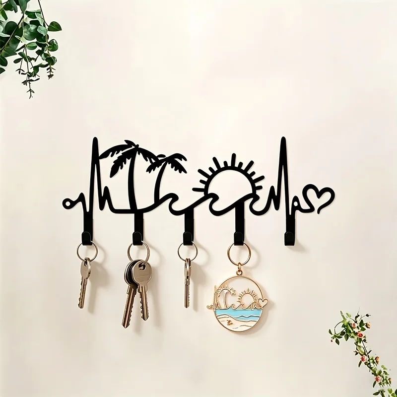 CIFBUY Boho Beach Metal Wall Hook Heartbeat Palm Tree Sunset Silhouette Key Holder Decorative Coat Hanger for Entryway Hallway B view 5