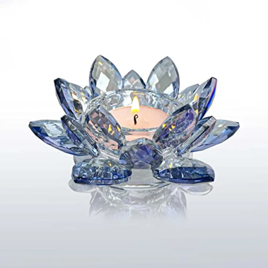 

Crystal Lotus Flower Tealight Candle Holders/Glass Tea Light Candlestick Decor Decoration for Christmas Home Wedding Party… Blu