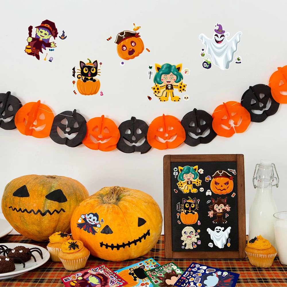 8/16Sheets Make a Face Puzzle Stickers Kids Game Create Your Own Vampire Pumpkin Witch Children Toys Halloween Party Decoration