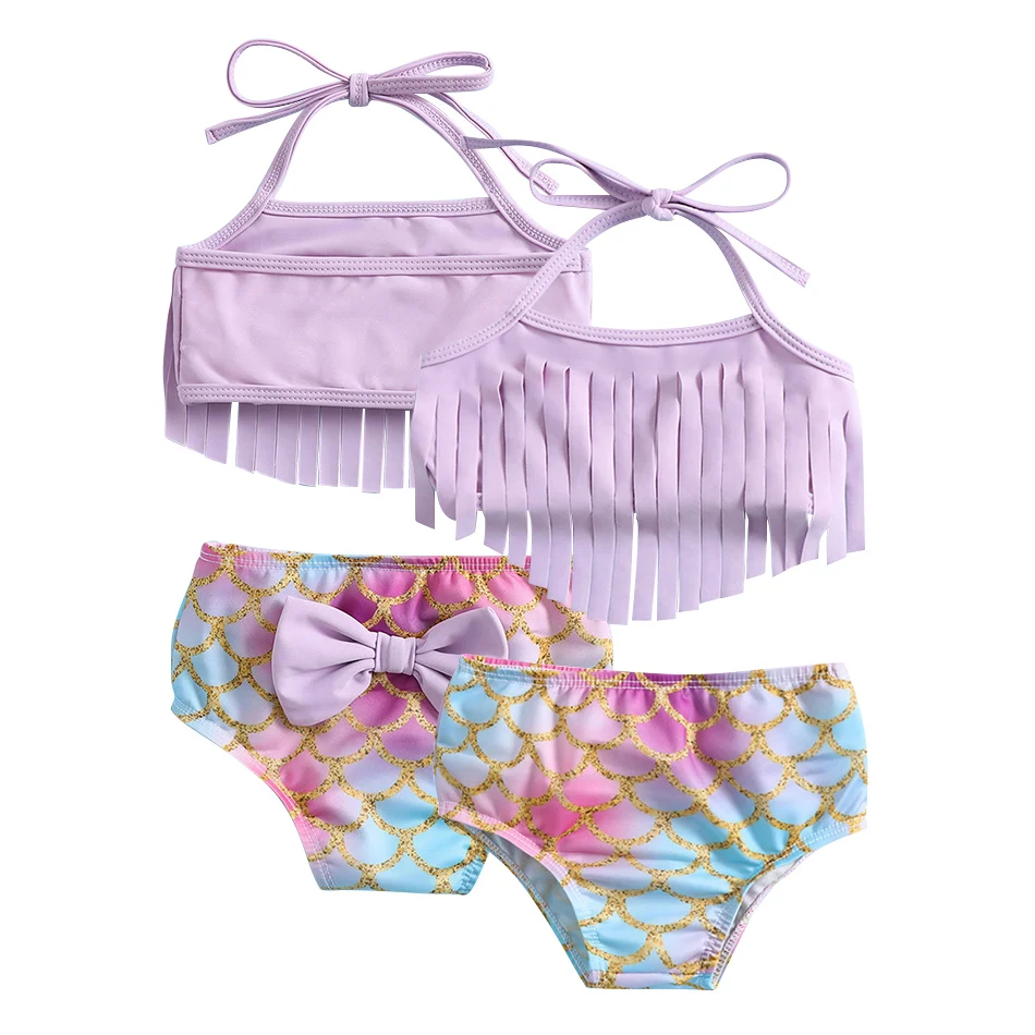 Baby Girls Purple Gradient Mermaid Two Piece Swimwear Girls Fringe Halter Hot Spring Beach Swimsuit With The Same Bow Headband