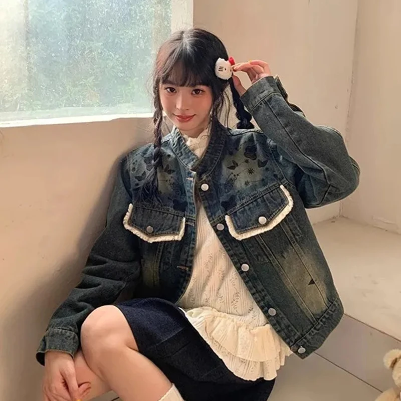 

Women Vintage Print Denim Jacket Harajuku Y2K Long Sleeve Coat Street Casual American Patchwork Loose Chic Classic Top