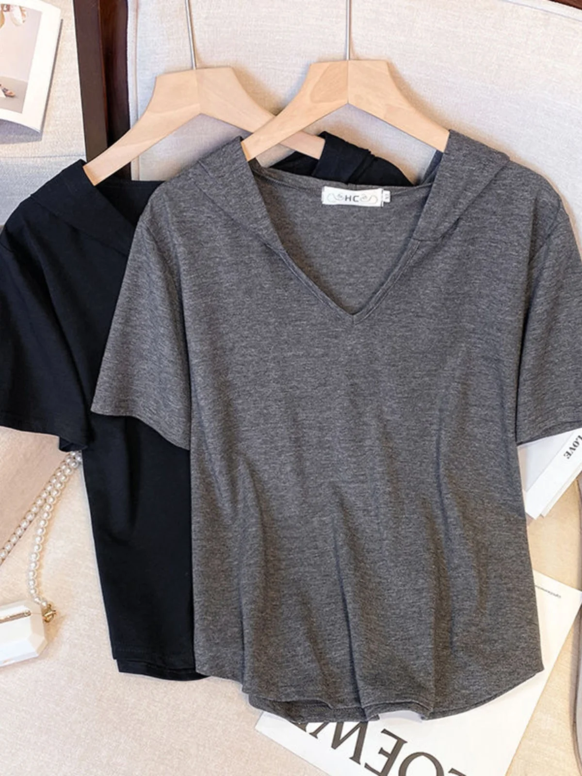 

plus Size Women's Casual V-Neck Short Sleeve Hoodie T-Shirt Loose Fit Summer Versatile Comfortable Lazy Style Top