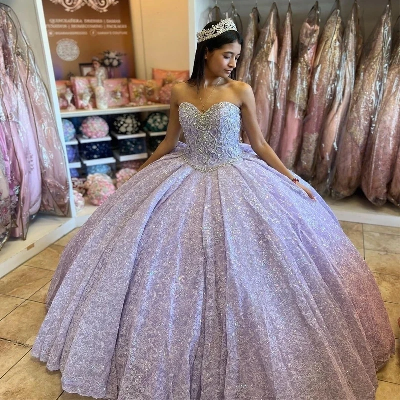 

2024 Lavender Sparkly Sweetheart Crystal Appliques Bow Quinceanera Dresses Ball Gown Off The Shoulder Beading Sweet Vestidos De