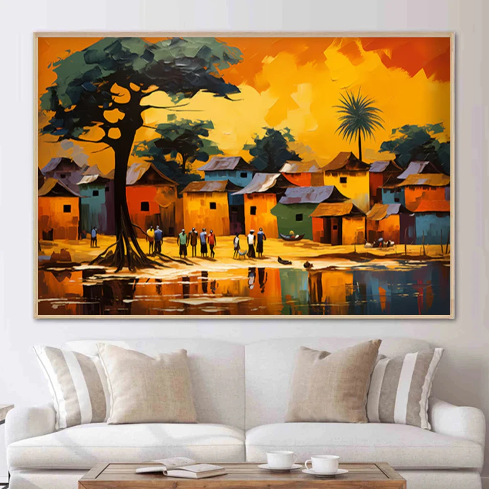 Abstract African Art Poster Prints For Living Room Home Decor African Tribal Village Sunset Landscape Canvas Panting Wall Art