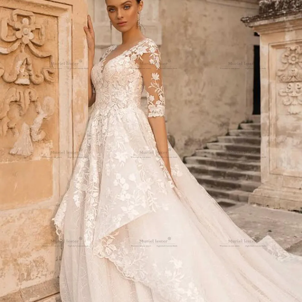 Requintado decote em v uma linha vestido de casamento personalizado festa formal 1/2 mangas apliques rendas em camadas vestidos de noiva novia