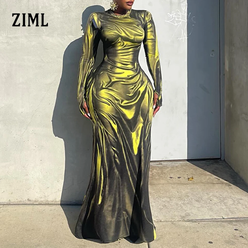ZIML مزاجه الصلبة تقسم طيات فساتين التخسيس للنساء جولة الرقبة طويلة الأكمام عالية الخصر أنيقة فستان أنثى جديد