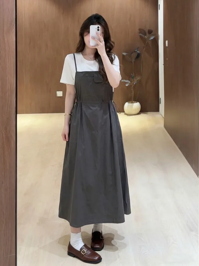 

plus Size Women's Utility Short Sleeve Dress Drawstring A-Line Long Dress Summer New Waist Cinching Slimming Design City Walk