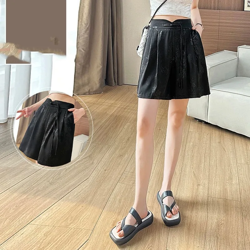 Summer Women's Clothing Elastic High Waisted Pockets Black Casual Straight Printing Knee Pants Chinese Style Bandage Shorts