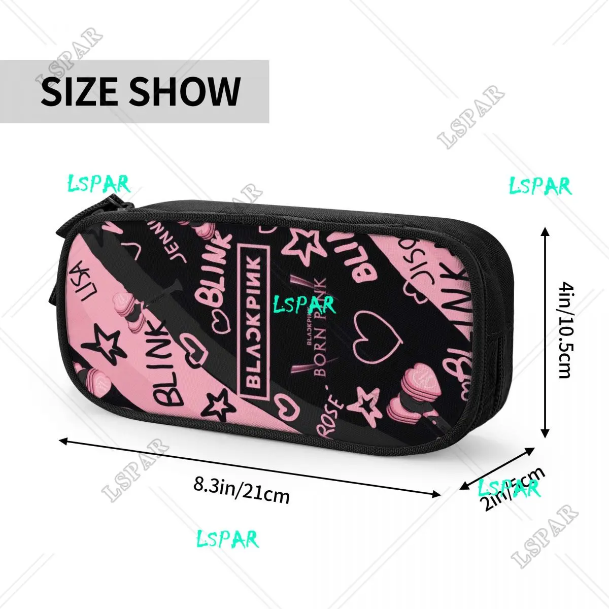 Kpop Bp Kawaii Pencil Case para Estudantes, Caixa de Lápis de Grande Capacidade para Meninos e Meninas, Papelaria Preta e Rosa