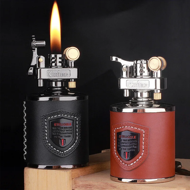 Metal Windproof Belt Leather Kerosene Lighter Retro Stylish Grinding Wheel Lighter Men\'s Gift Table Decoration Cigar Accessories