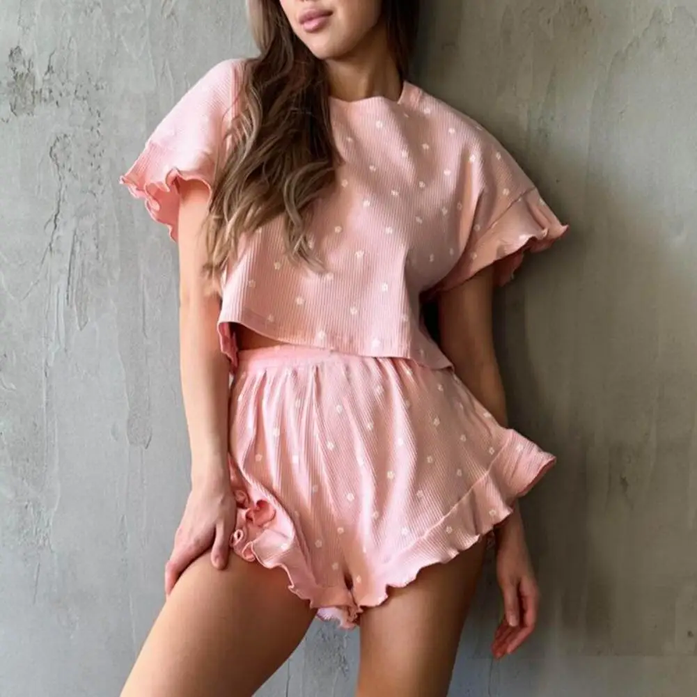 Women Pajama Set Heart Print O Neck Ruffle Short Sleeve T-shirt Elastic Waist Shorts Set Casual Loungewear Lady Sleepwear Set