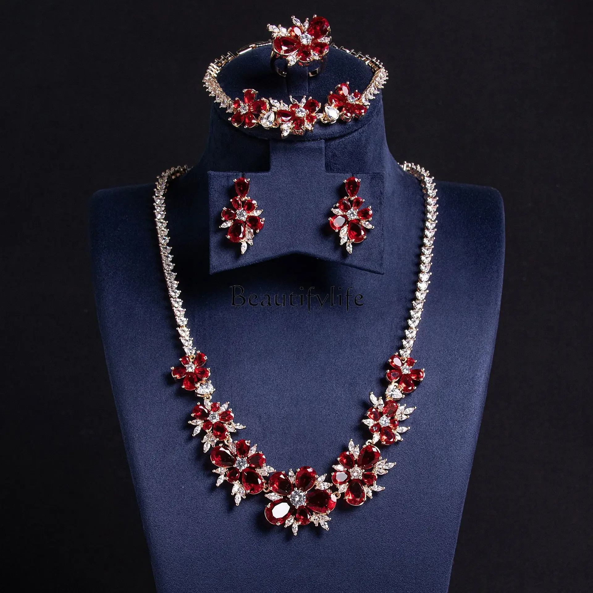 

Exquisite small flower simple banquet micro-inlaid zircon pearl earrings set