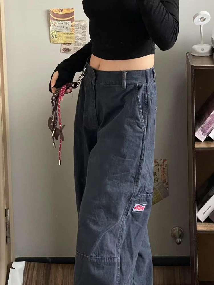 HOUZHOU Vintage Washed Women Cargo Jeans High Waist Wide Leg American Style Denim Pants Baggy Trousers Y2k Casual High Street