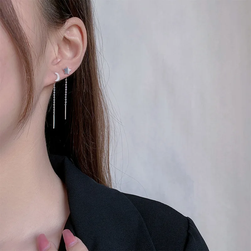 Trendy Simple Long Wire Tassel Thread Chain Climb Star Bow Pendants Drop Earrings for Women Straight Hanging Ear Jewelry