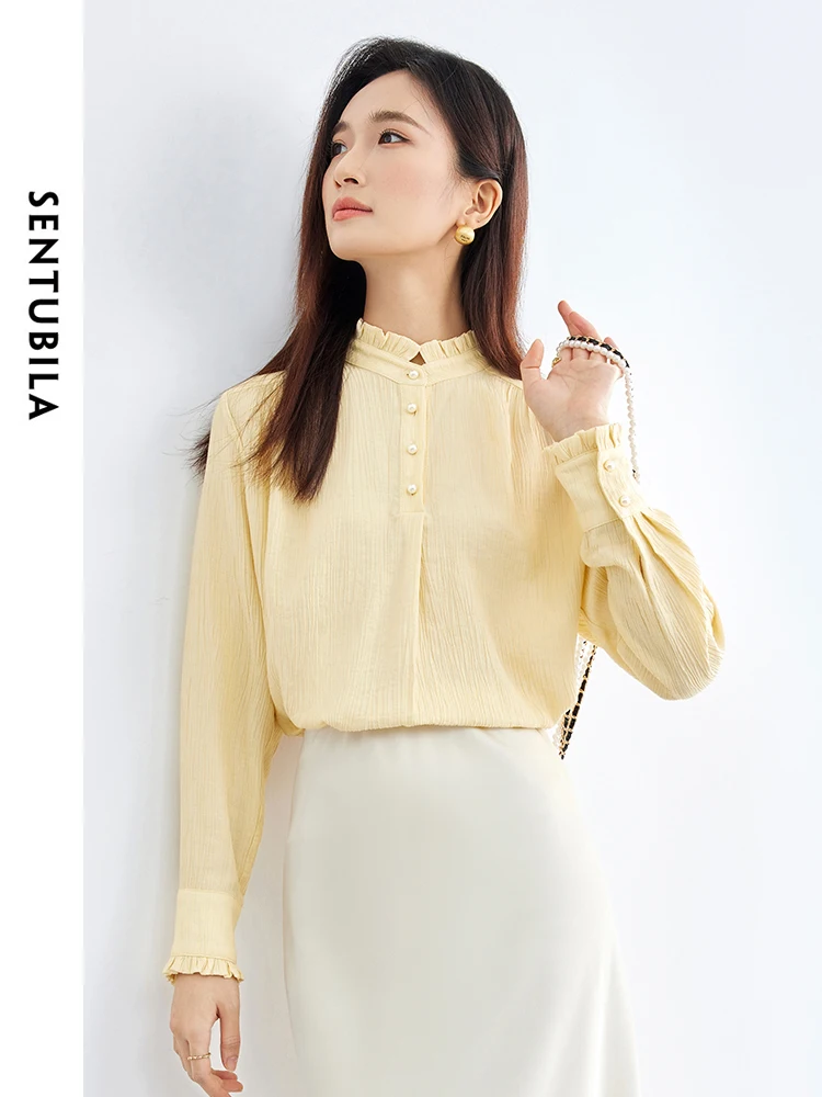 SENTUBILA Ruffles Stand Collar Shirt for Woman Elegant Button Up Women Blouses 2024 Spring Women\'s Long Sleeve Top 141C52558