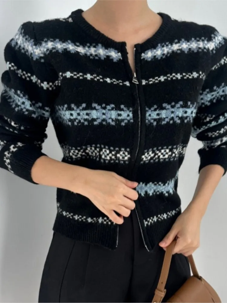 Cárdigan de punto de otoño para mujer, cárdigans recortados con estampado Floral a la moda para mujer, suéter informal holgado de estilo coreano para mujer, abrigos