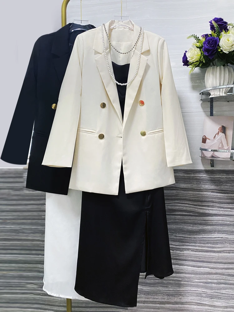 

Women's office set two-piece high-end satin slim fit slit dress loose fitting suit jacket fashionable and elegant white two-piec