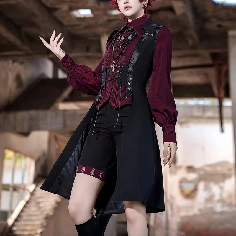 Retro Gothic Ouji Lolita Outfit, Medieval Straight Shorts Wine Red Shirt Long Vest, Vintage Dark Academia Men Women Cos Suit