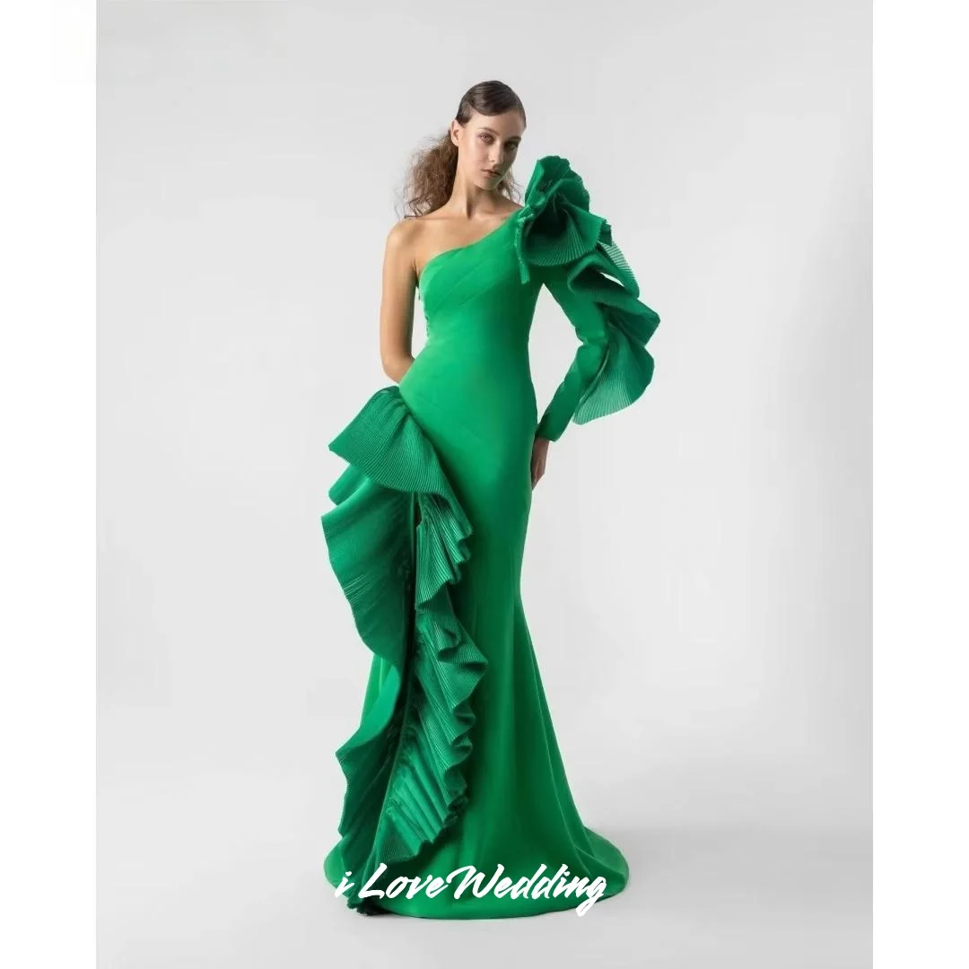 

Green One Shoulder Ruffle Mermaid Long Sleeve Prom Dresses Backless Satin Floor-Length Pleated Wedding Party Dresses Customized