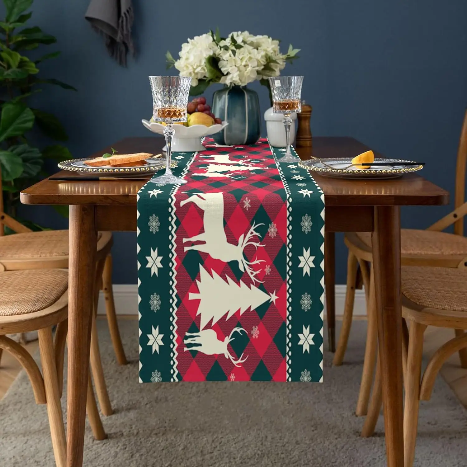 Christmas Tree Elk Red Buffalo Plaid Checkered Linen Table Runners Dresser Scarf Decor Farmhouse Dining Table Runners Xmas Decor