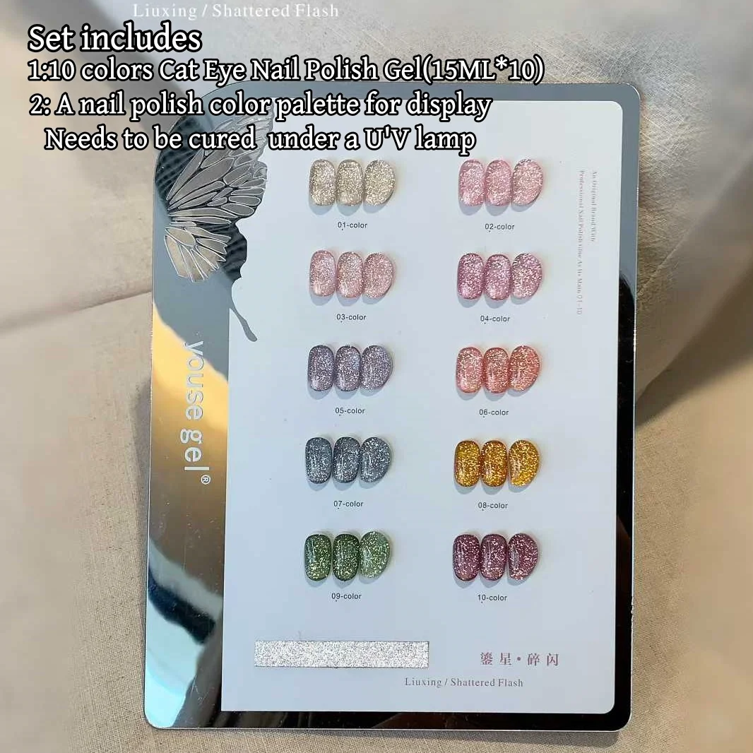 10 Color Glitter Gel Nail Polish Set for Beauty Salons, Includes Color Chart for Display, Perfect for Manicure Effects