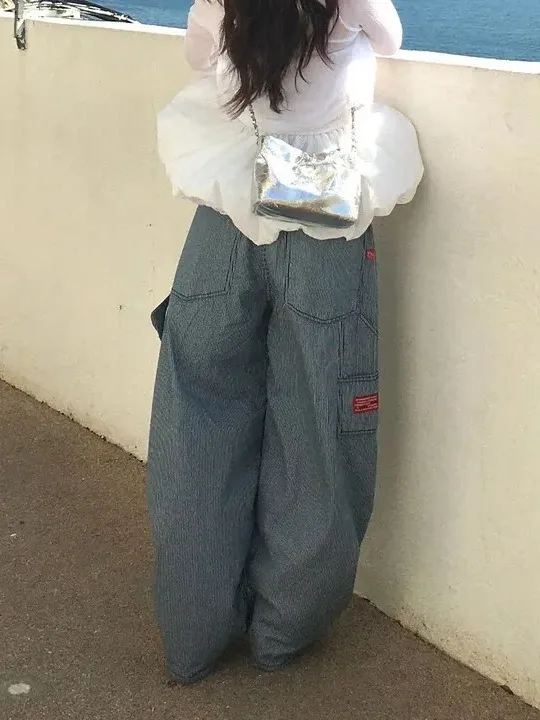 High Waist Straight Leg Pants Vertical Stripes Versatile Slimming Casual Trousers Dongda Gate Korean Style Women's Jeans
