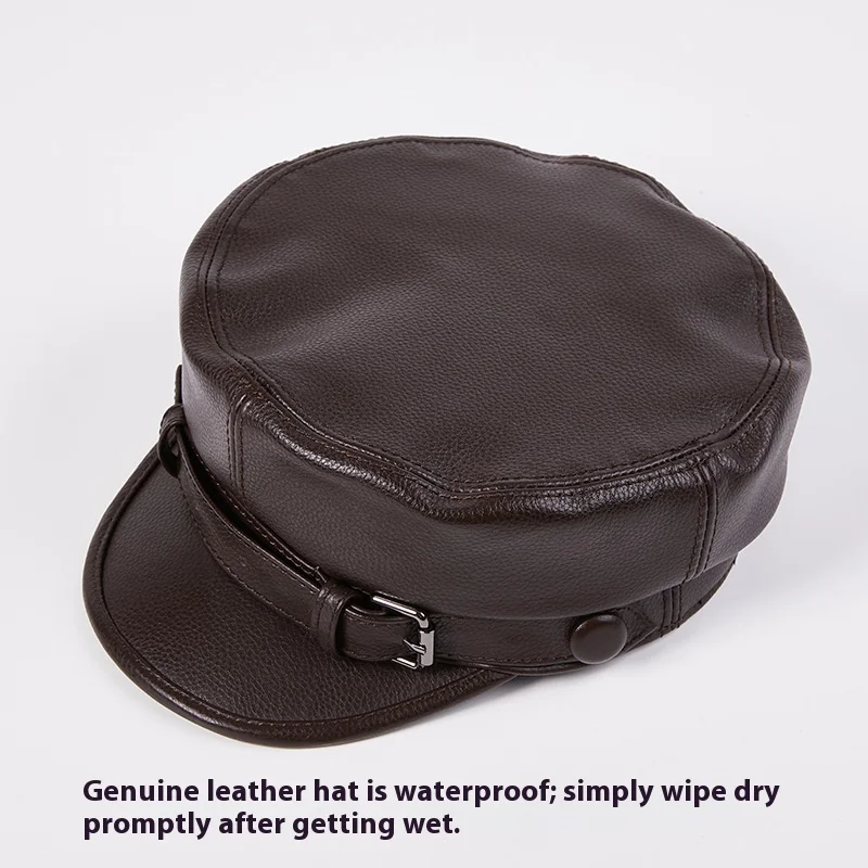 Men's Genuine Leather Hat Autumn Winter Cowhide Retro Duckbill Cap Trendy Middle-Aged Youth Flat Top Biker Hat Unisex Beret