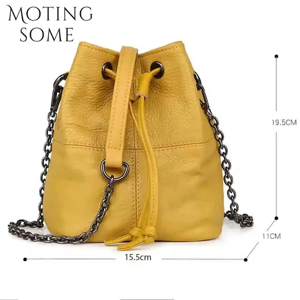 Motingsome borsa a secchiello Samll per donna 100% catene a mano in pelle naturale borse a tracolla Mini custodia femminile gialla novità nel 2024