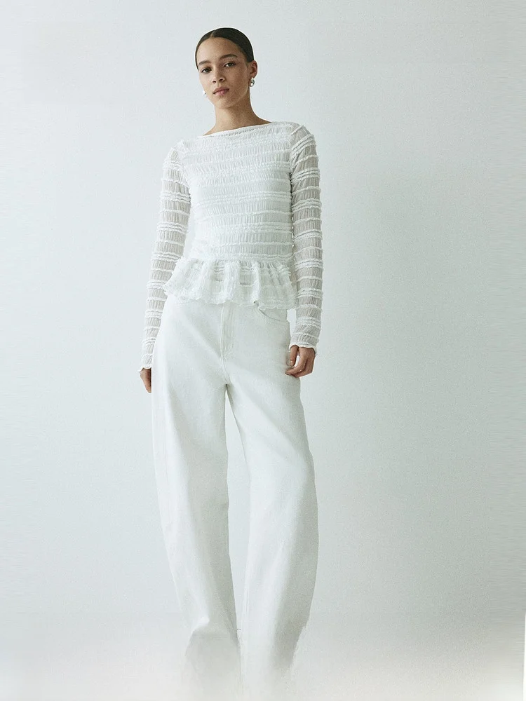 

H&M Women's Gathered Shirt 1320231 Polyester Fiber Spandex Regular Sleeve Long One-Shoulder Neckline Pullover Style