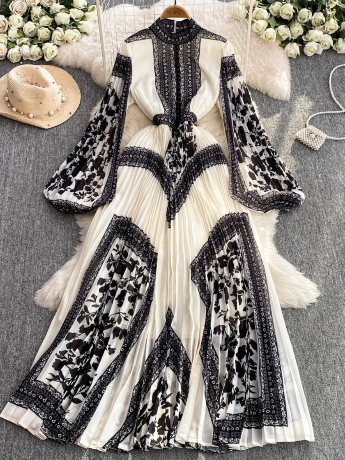 Elegant Stand Collar Lantern Sleeve Print Long Dress Women's High Waist A-Line Skirt Summer Commute Fashion Chinese Brand