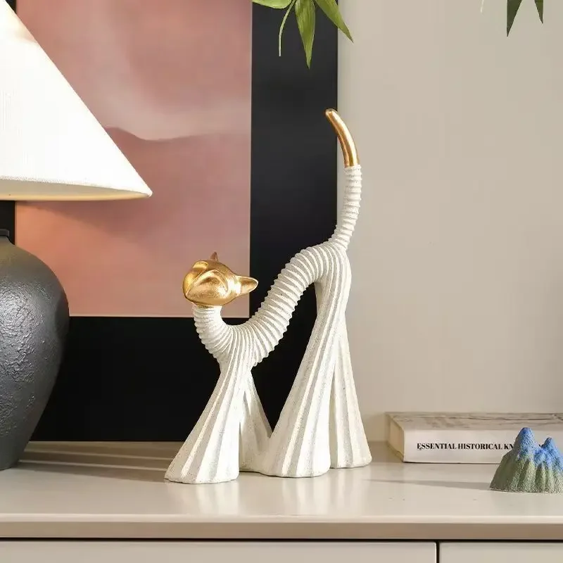 26 29.5cm Modern Abstract Cat Figurine Resin Sculpture Nordic Home Decor Elegant Gold White Kitty Statue Office Desktop Art Gift