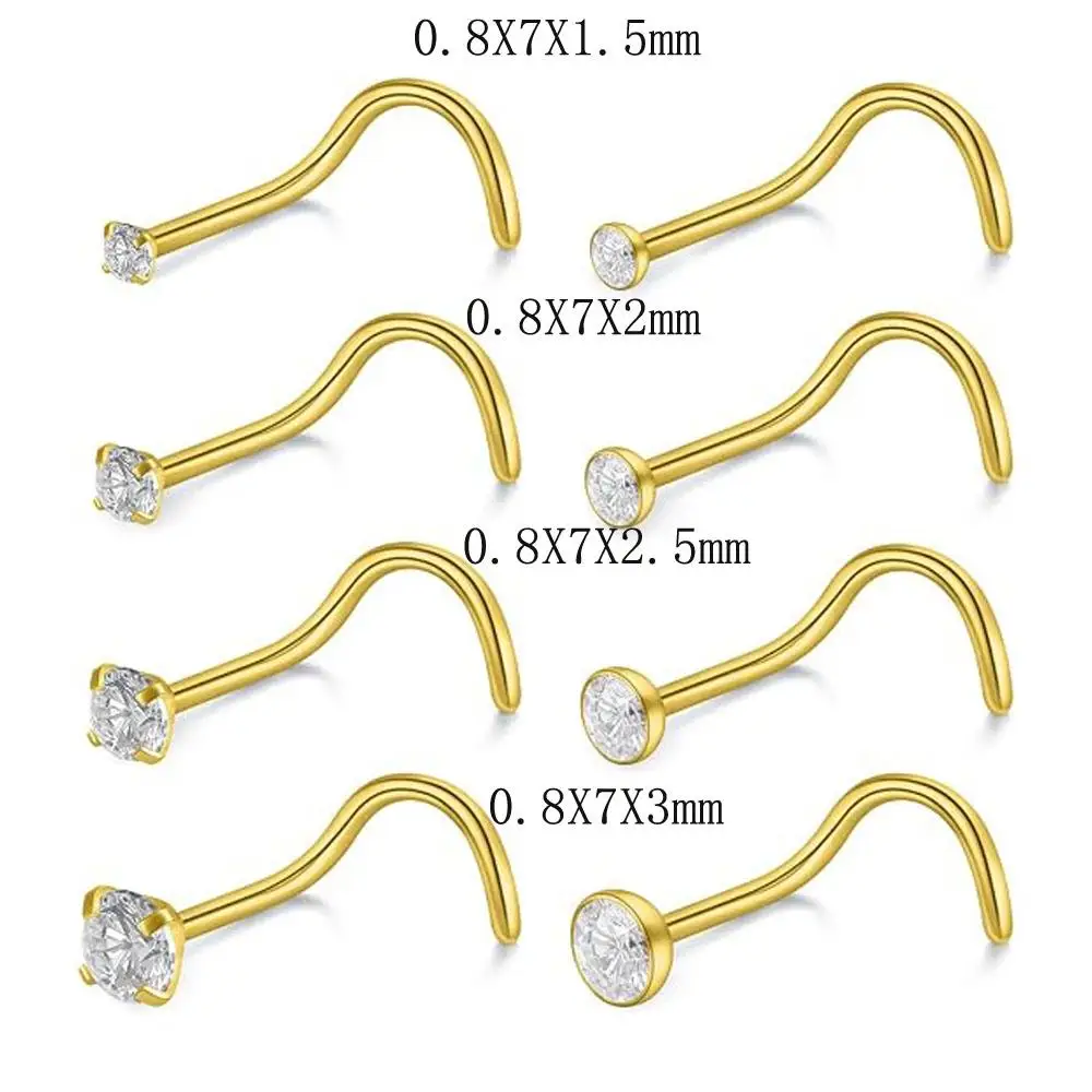 8Pcs Set Stainless Steel Screw Bend Nose Stud Rings Tragus Lip Hoop Piercing Jewelry 1.5-3mm Clear Fashionable and Shiny CZ