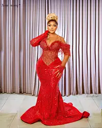 Red African Aso Ebi Long Sleeves Evening Dresses Mermaid Sequined Beaded Formal Wedding Party Gowns For Black Girls Plus Size