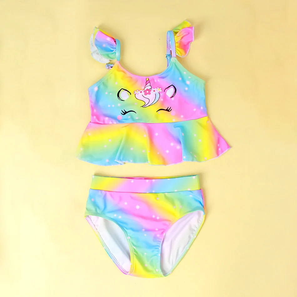 Girls Swimsuit Kids Ruffles Beach Swimwear Baby Birthday Beachwear Children Swimming 2 Piece Set Unicorn Bathing Suit 3-8 Years