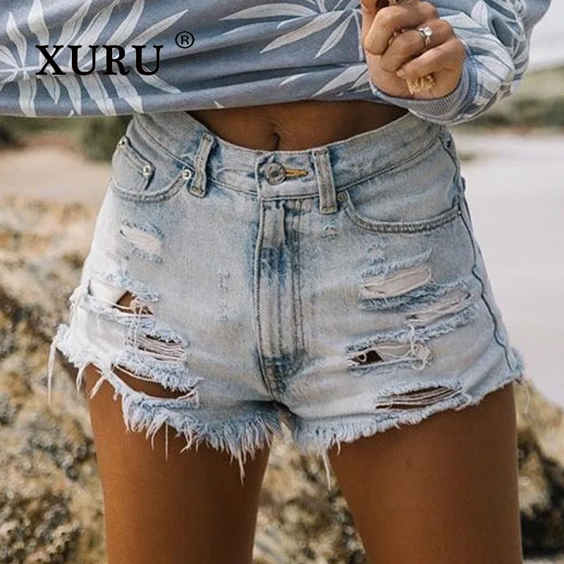 

XURU - New Women's High Waisted Ripped Tassel Denim Shorts for Women, Hot Pants, Light Blue Short Jeans