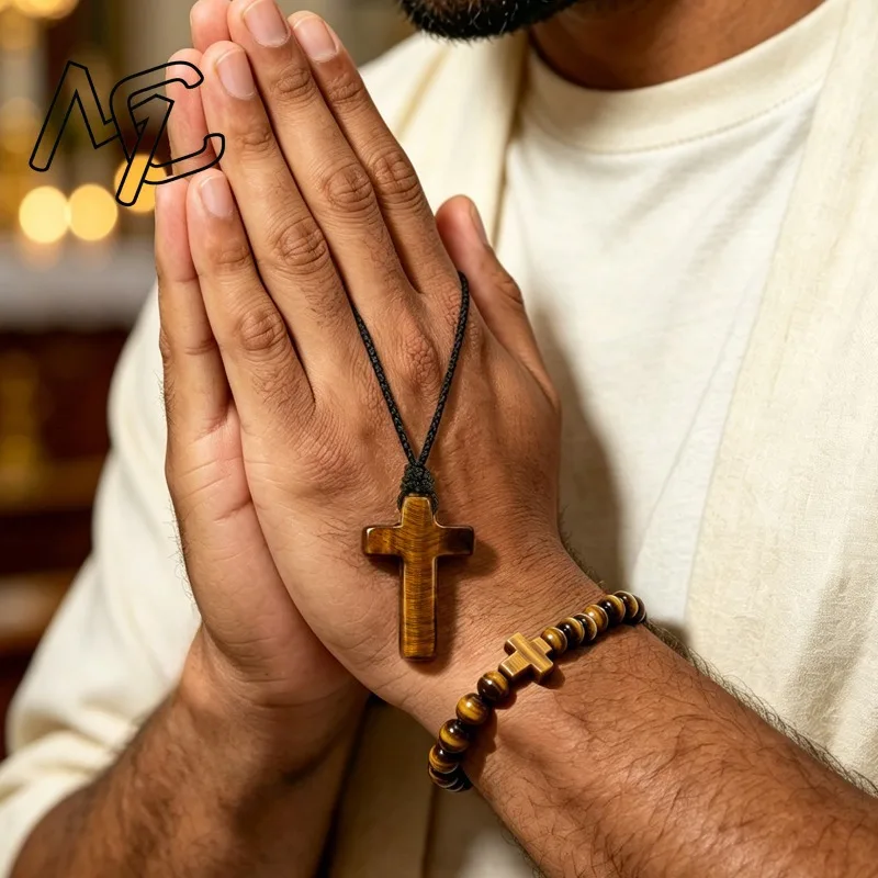 Natural Yellow Tiger Eye Stone Jade Cross Pendant Necklace Fashion Jewelry Amulet Luck Gifts Women Men Sweater Chain Charm
