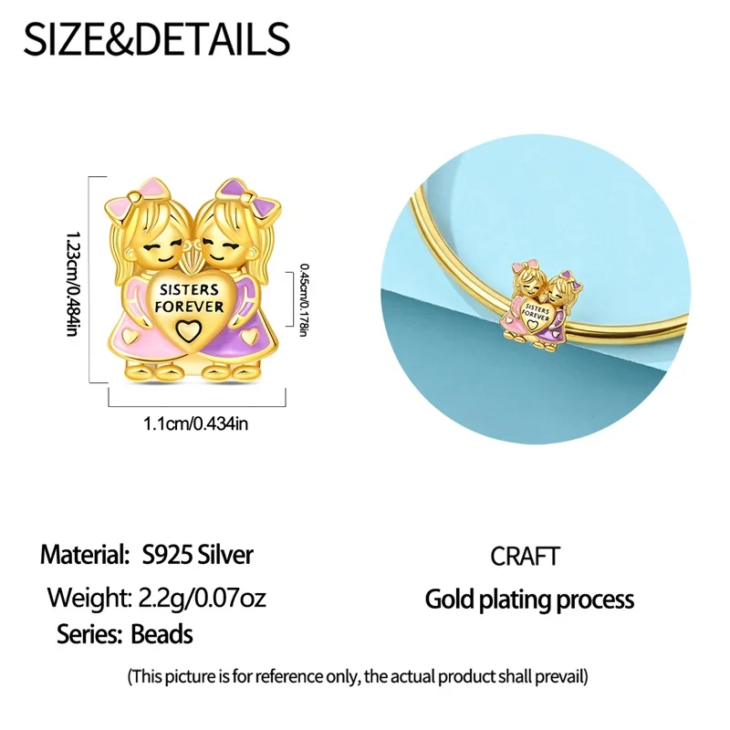 New 925 Sterling Silver Sisters Charms Beads Zircon Dangle Fit 3mm Original Bracelet DIY Women Fine Birthday Jewelry Gifts - view 5