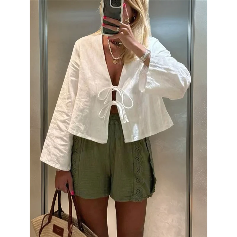 AOAO-Tie sul davanti per donna Camicie in cotone Y2K Manica svasata Scollo a V Abbigliamento Casual Lace Up Bow- Camicette