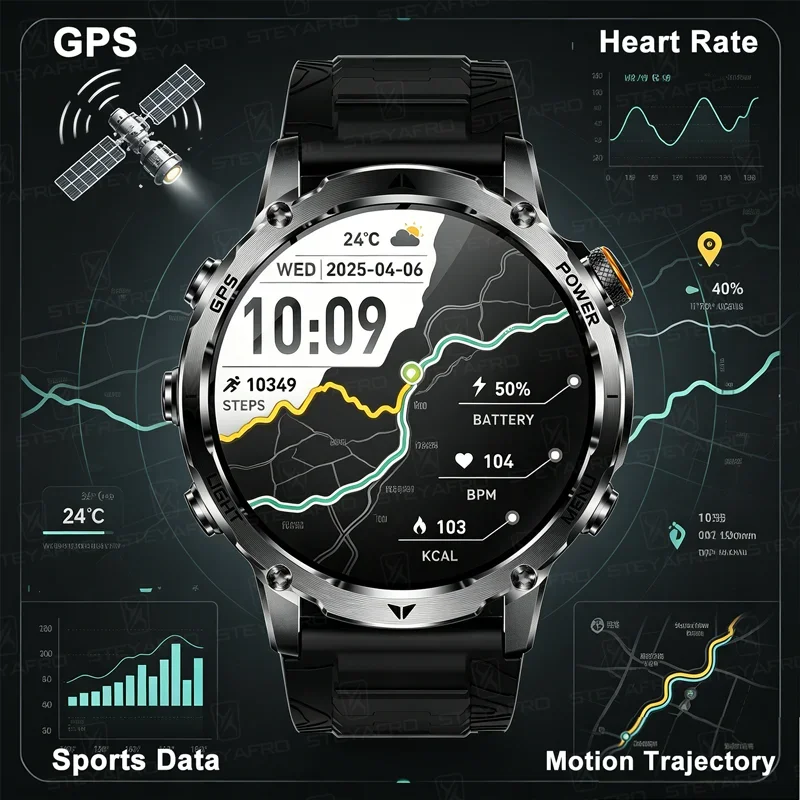 GPS Watches Military 1100mAh Battery Smart Watch Men Outdoor Sport Compass Flashlight 10ATM Waterproof Heart Rate Bluetooth Call
