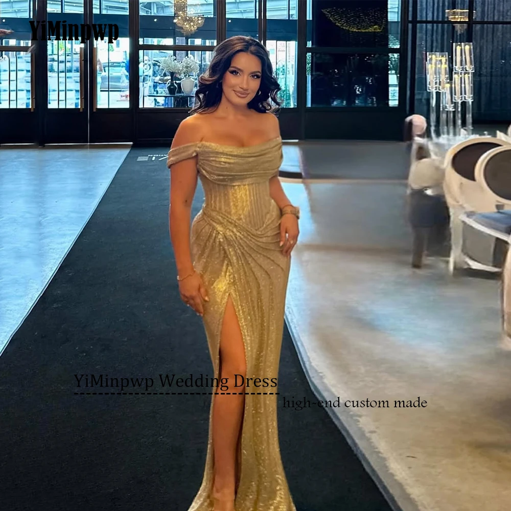 Golden Shiny Evening Dress For Women Off Shoulder Mermaid Formal Occasion Elegant Pleat Split Arabic Prom Gowns Customized