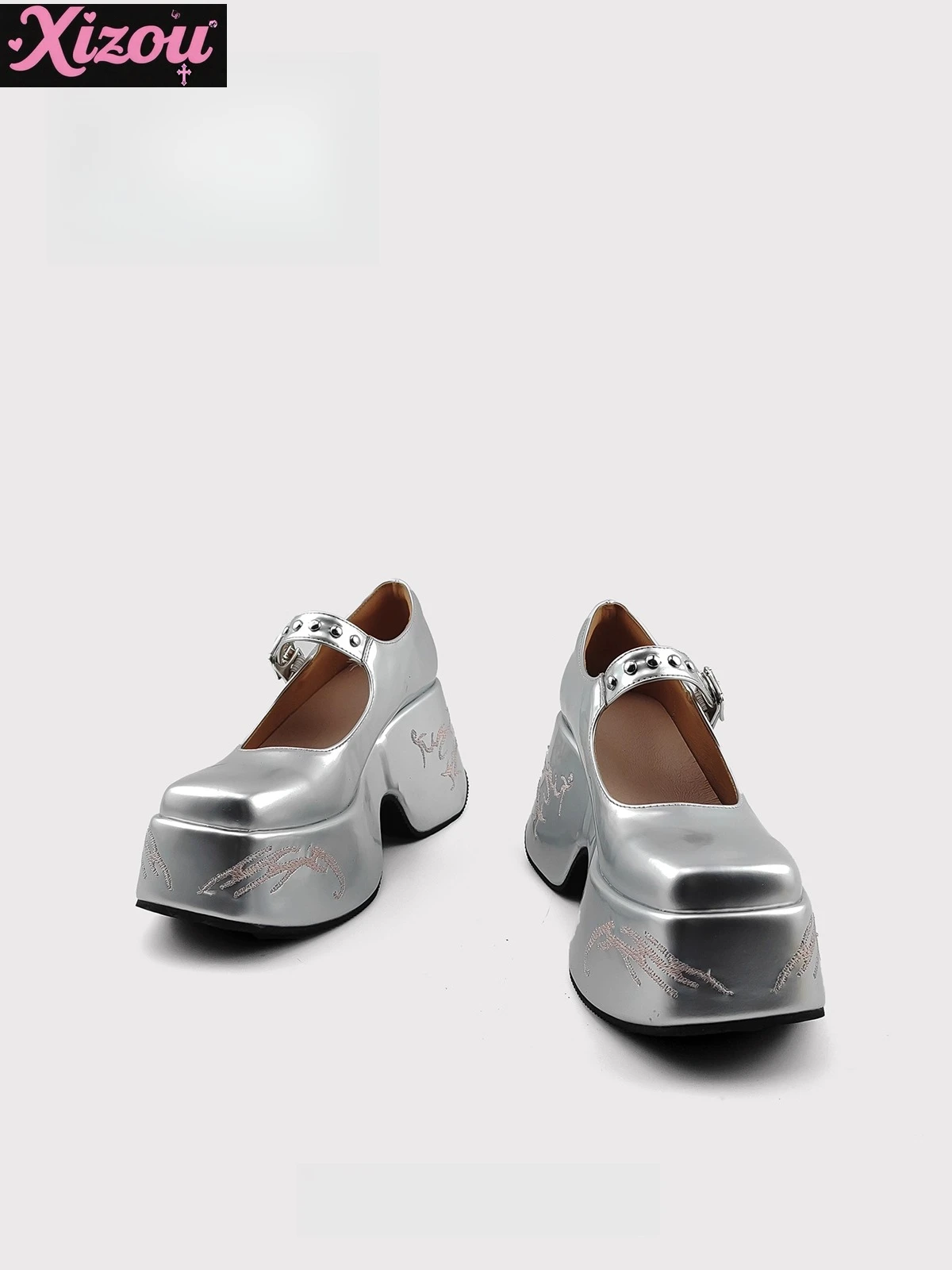 Chinese-style Embroidered Leather Thick-soled Waterproof Table One-word Mary Jane Shoes  Small Height-increasing Muffin Shoes