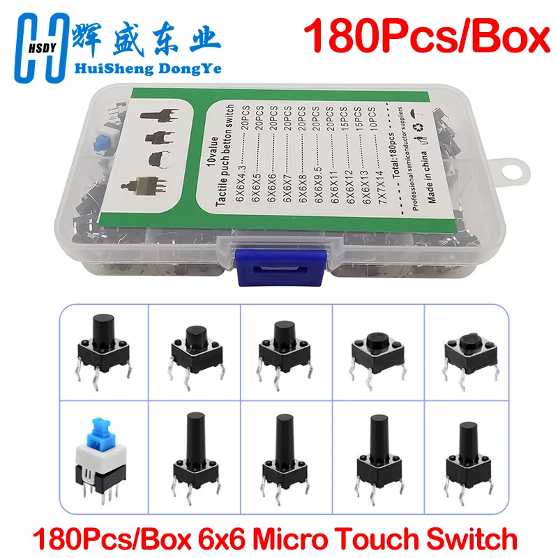 180PCS 10 Type 6*6 Light Micro Touch Switch Set Push Button Switch Kit Assortment Set DIY Tool Accessories 6x6 Keys Tact ON/OFF