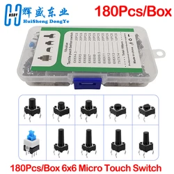 180PCS 10 Type 6*6 Light Micro Touch Switch Set Push Button Switch Kit Assortment Set DIY Tool Accessories 6x6 Keys Tact ON/OFF