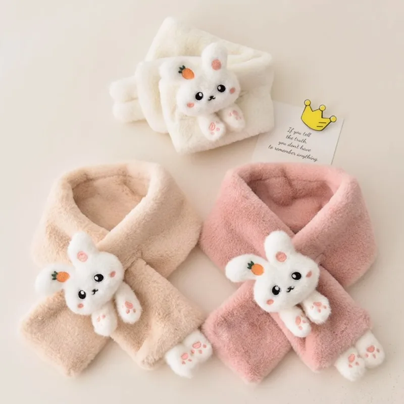 Boys Girls Winter Scarfs Thick Plush  Children's Scarf Baby Bib Cute Cartoon Rabbit Faux Fur Neck Protection Warm