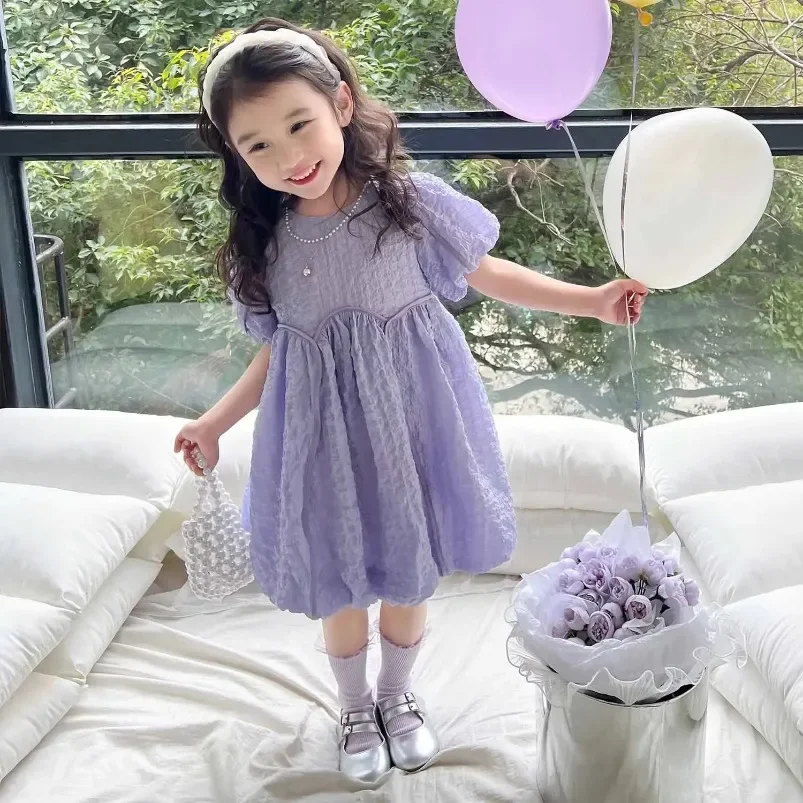 

Girls' Dress New Sweet Fashionable Solid Color Short Sleeved Princess Dress Fluffy Dress For Summer Children Clothing