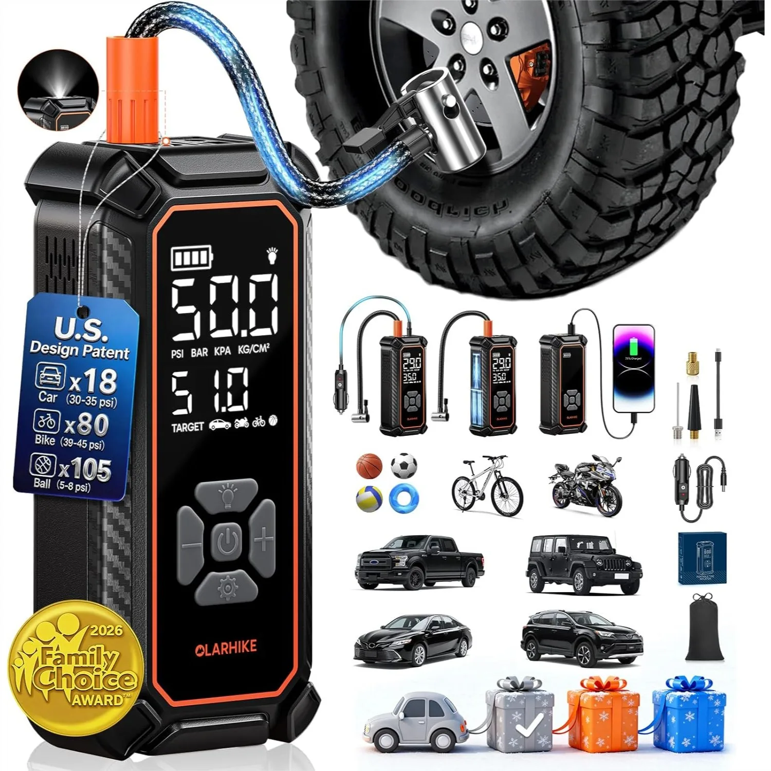 

Cordless Tire Inflator Portable Air Compressor 6000mAh & 12V DC Dual Power Auto Shut Off LED Display for Car Tires Bikes Motorcycle Balls