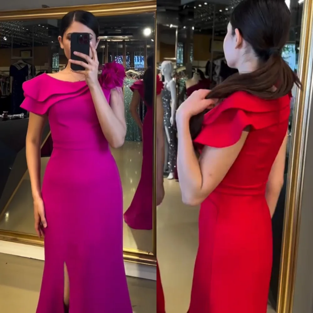 

Customized Exquisite Jersey Pleat Flower Trumpet Scoop Neck Long Dresses Bespoke Occasion High Quality