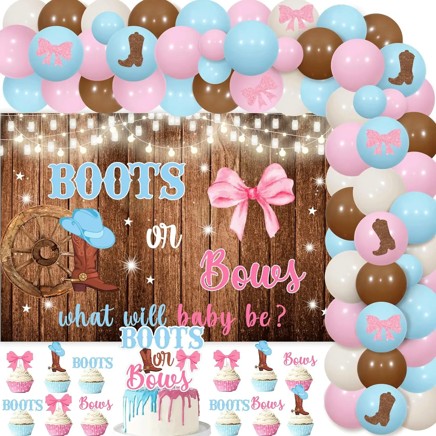 

Boots or Bows Balloons Arch Kit What Will Baby Be Backdrop Cake Toppers Stickers for Western Cowgirl Gender Reveal Decor